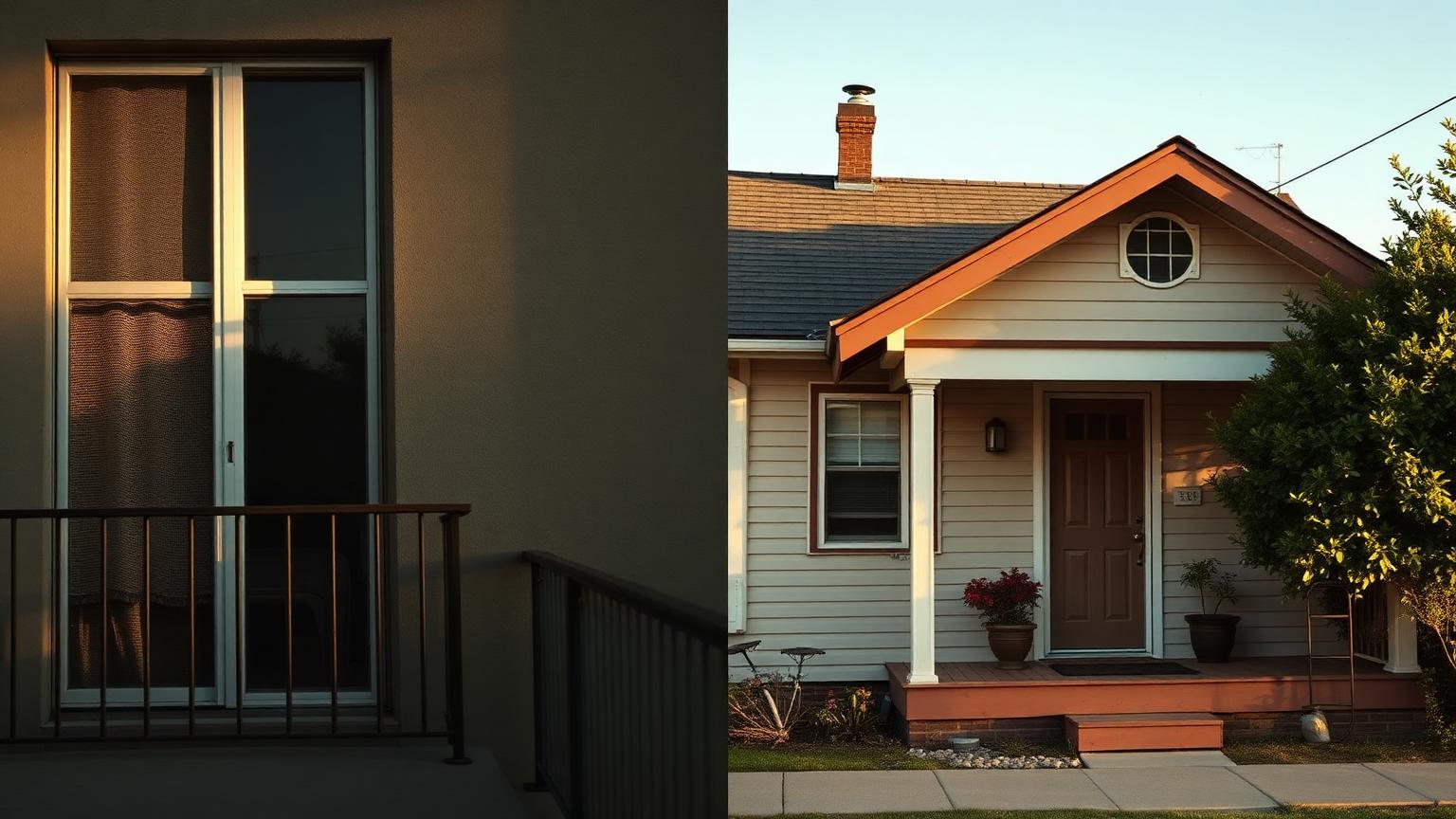 A split scene showing a renter's apartment balcony on one side and a homeowner's front porch on the other