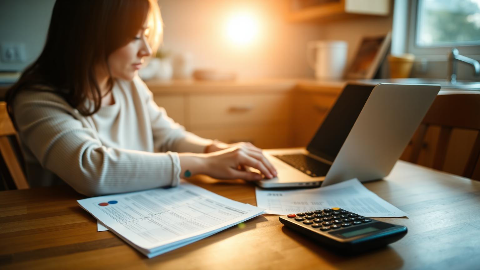 A person at a kitchen table reviewing credit card and loan statements with a calculator and laptop