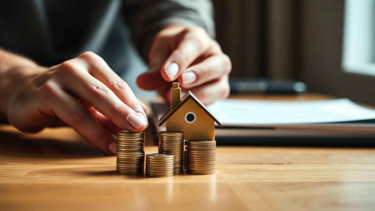 A pair of hands stacking coins in neat rows beside a small model house on a table