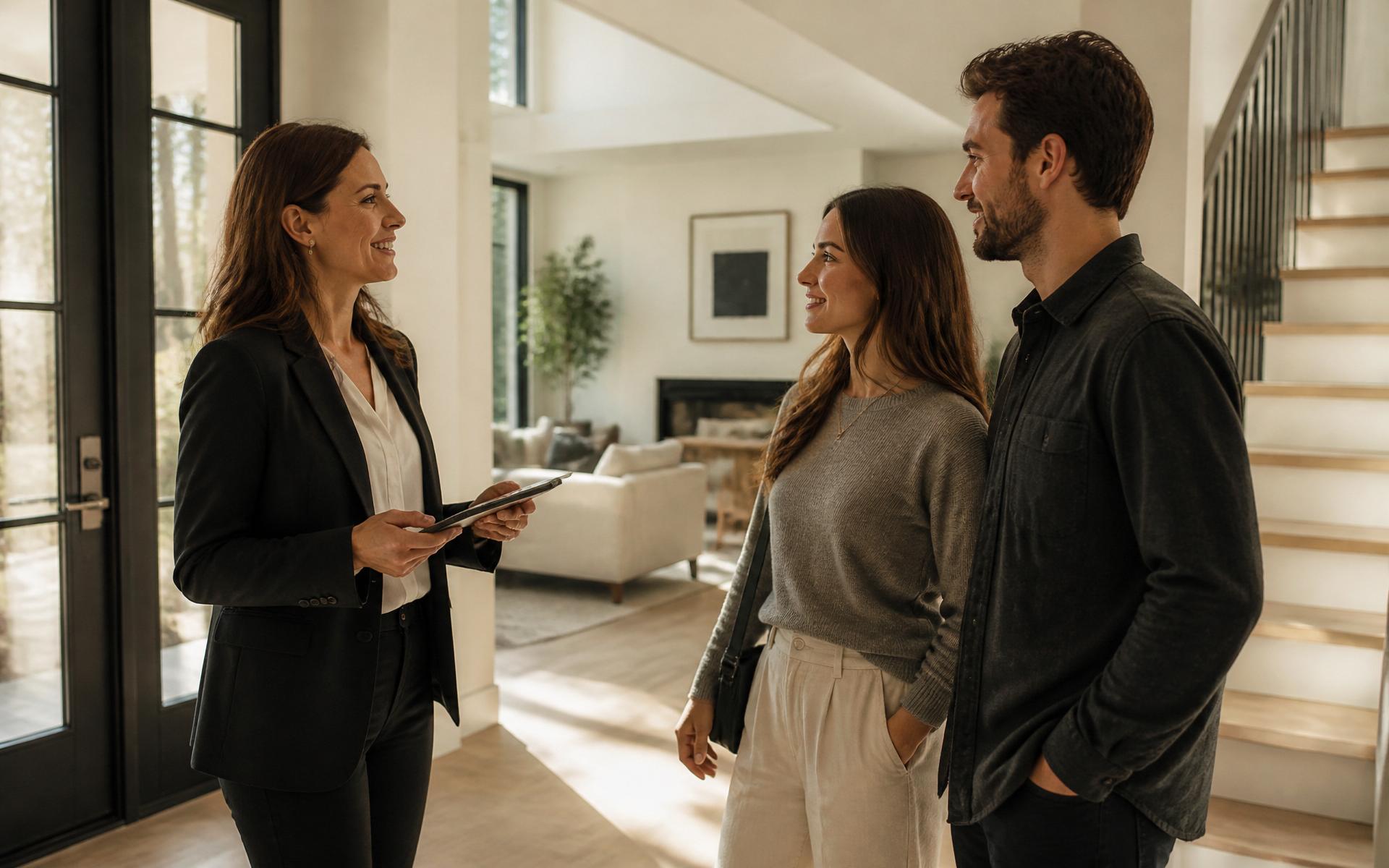 A Realtor and a young couple in the sunlit foyer of a modern home