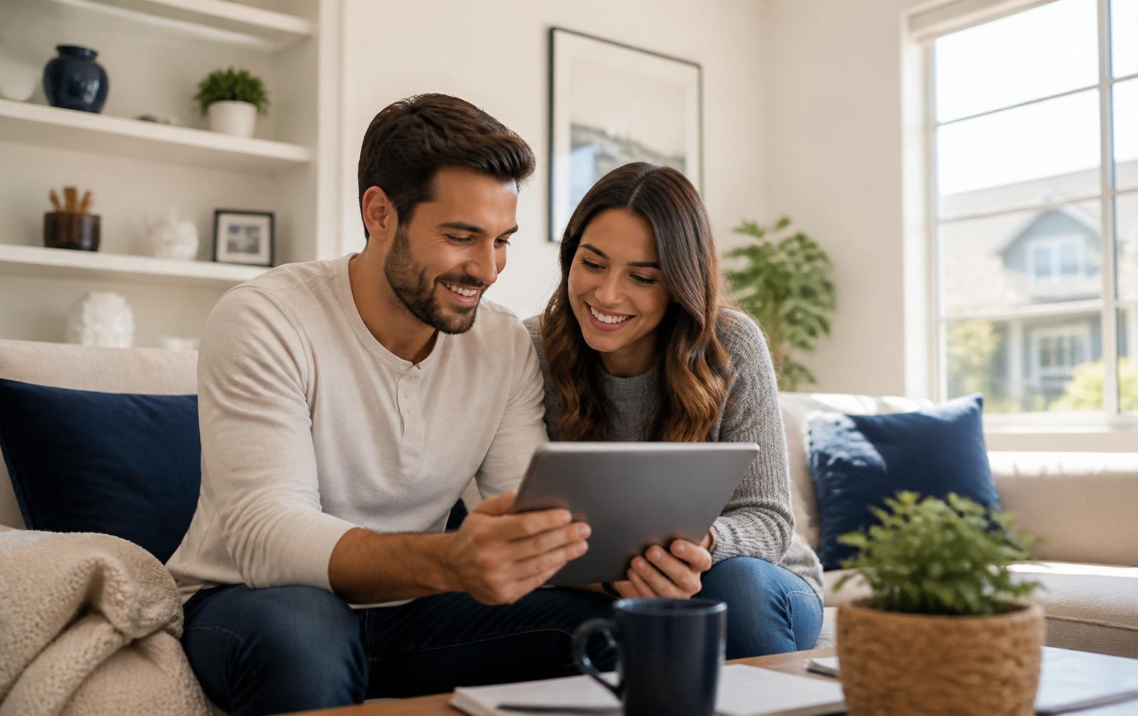 A couple reviewing homeownership plans together in a bright living space.
