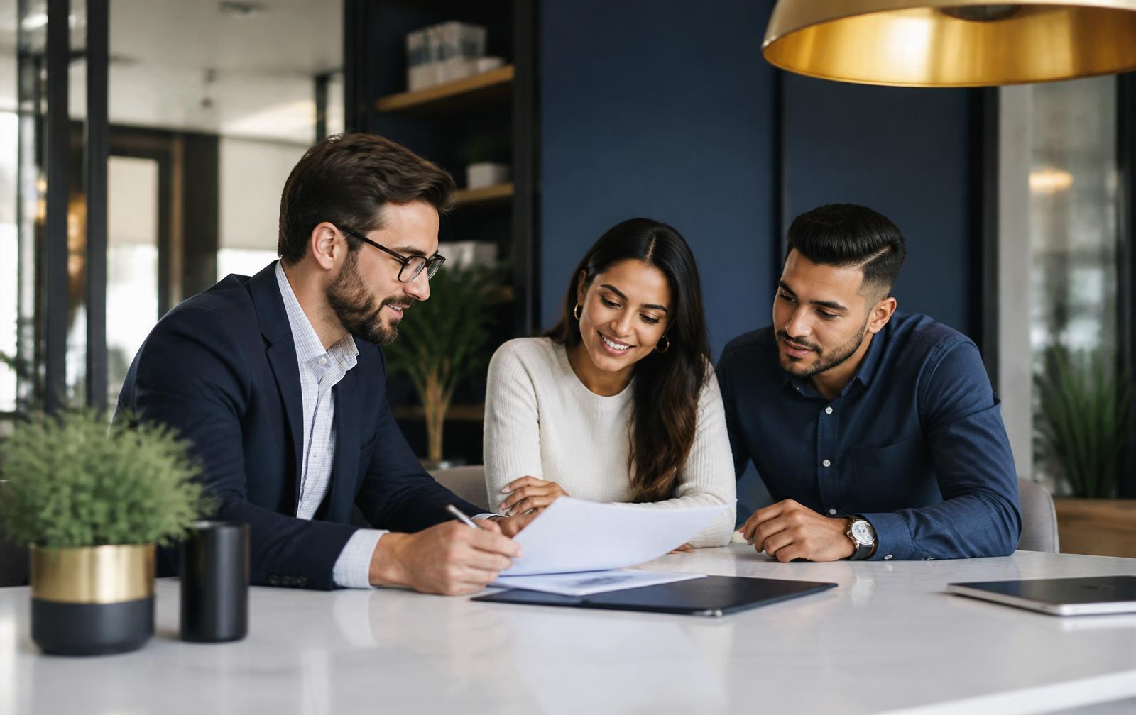 A mortgage professional advising clients at a modern desk with documents and a laptop.