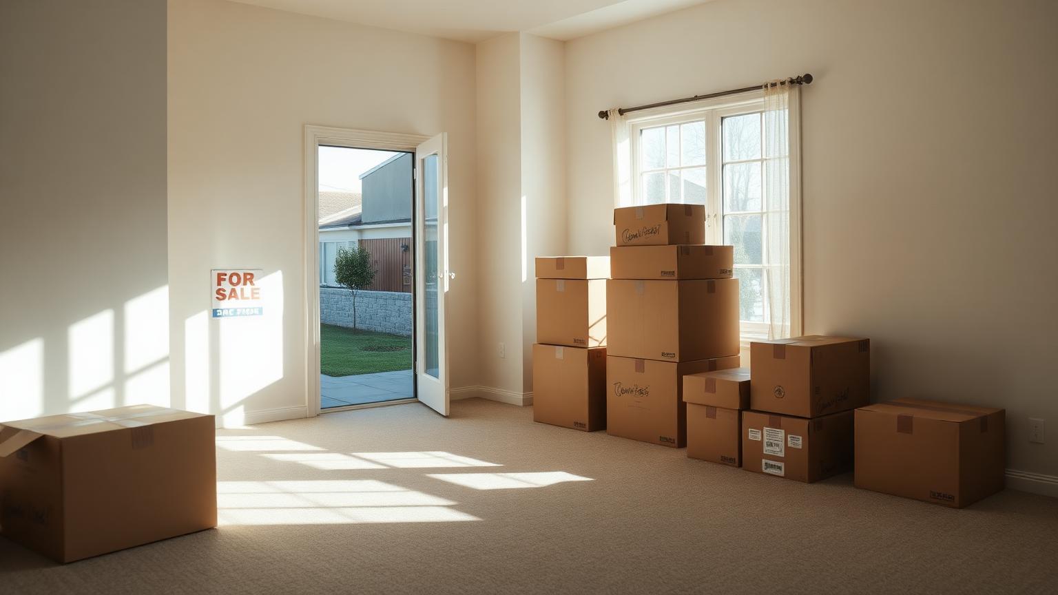 Moving boxes stacked in a sunlit, empty living room during a home transition