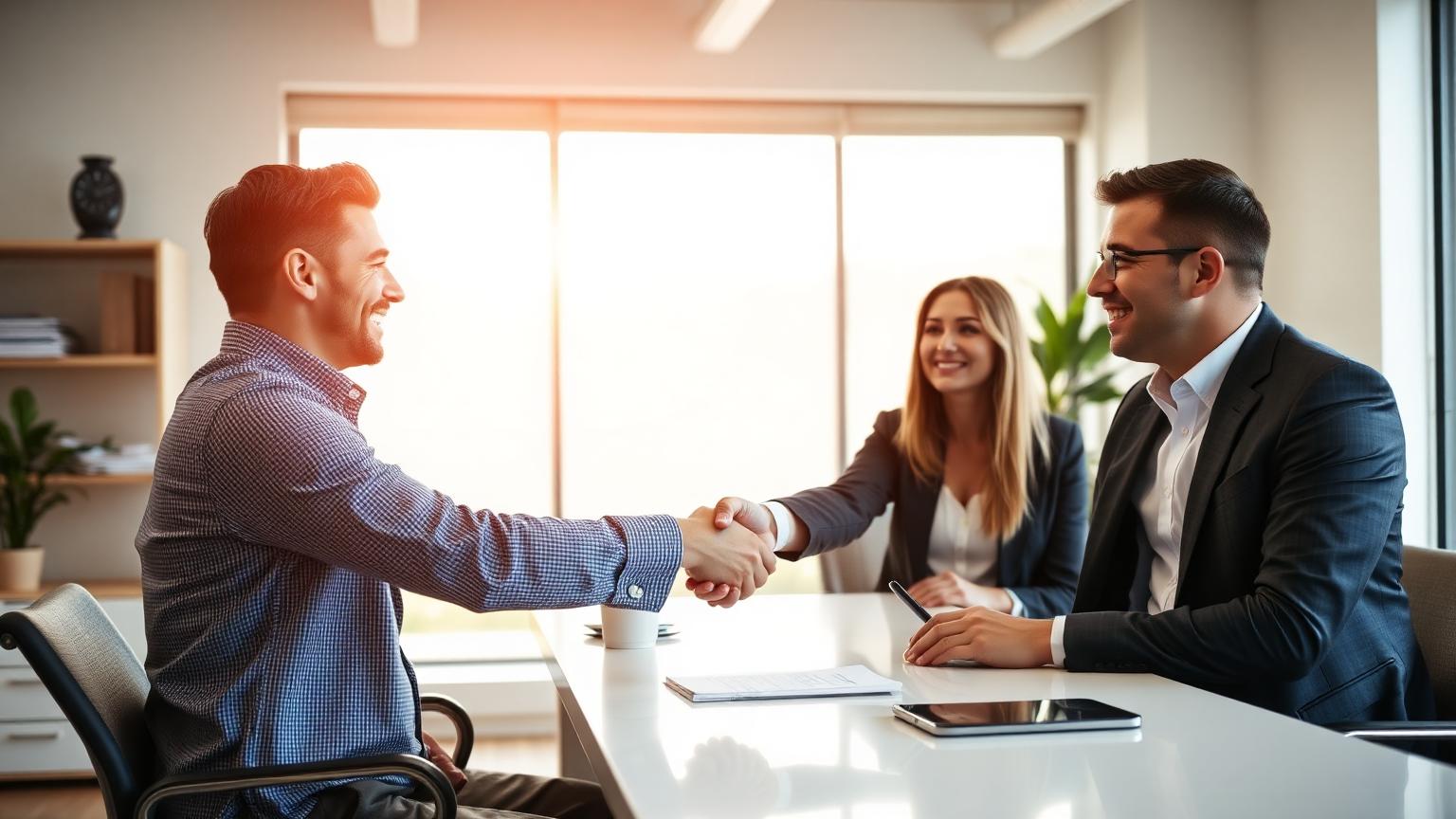 A couple meeting with a mortgage advisor across a desk, reviewing paperwork together