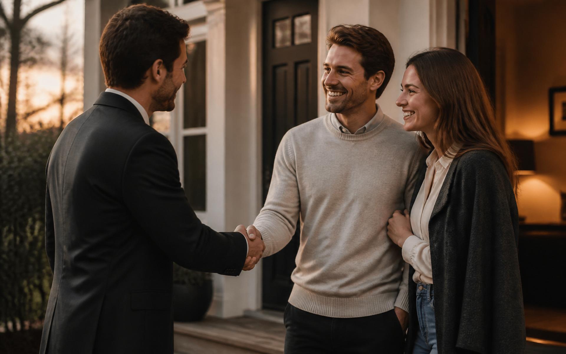 Realtor greeting a couple at the door of their new home at golden hour