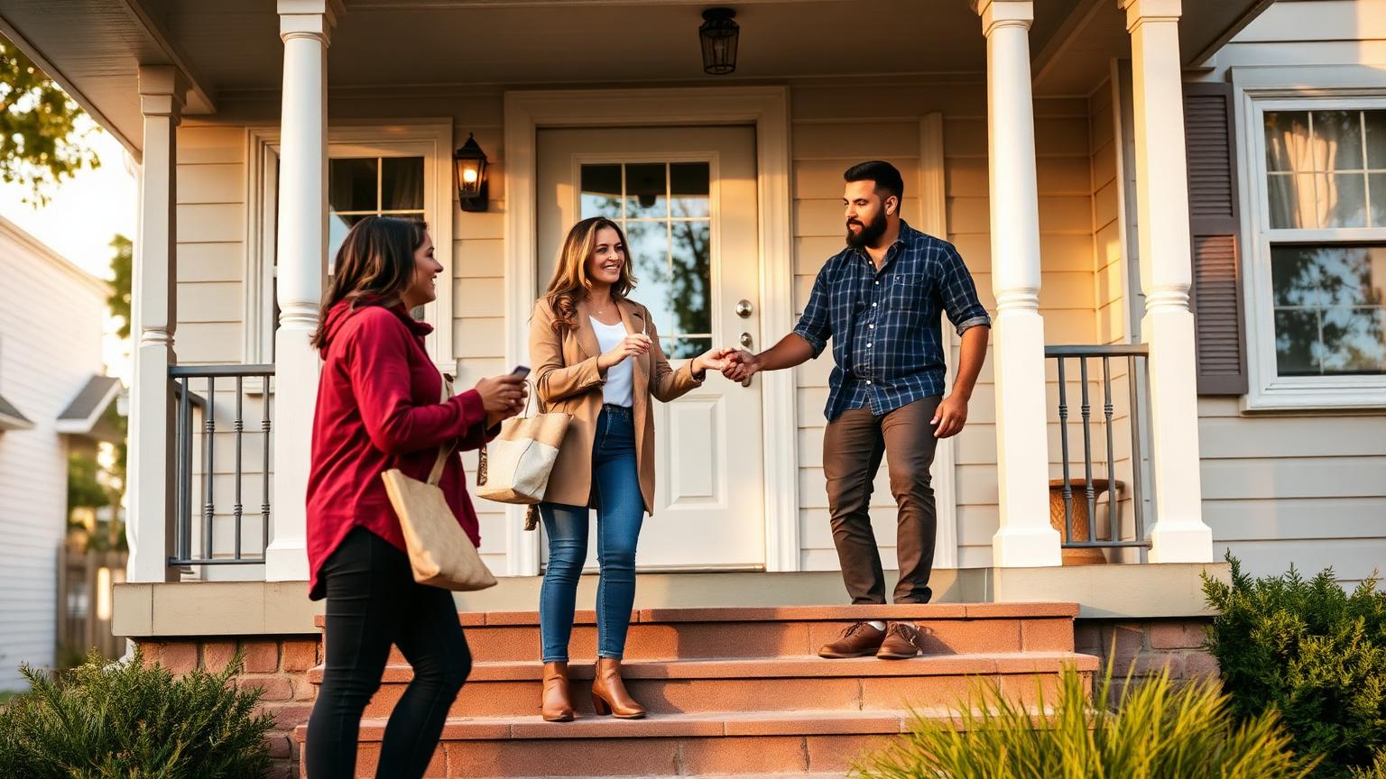 First-time homebuyers receiving the keys to their new home on the front porch of a modest single-story house