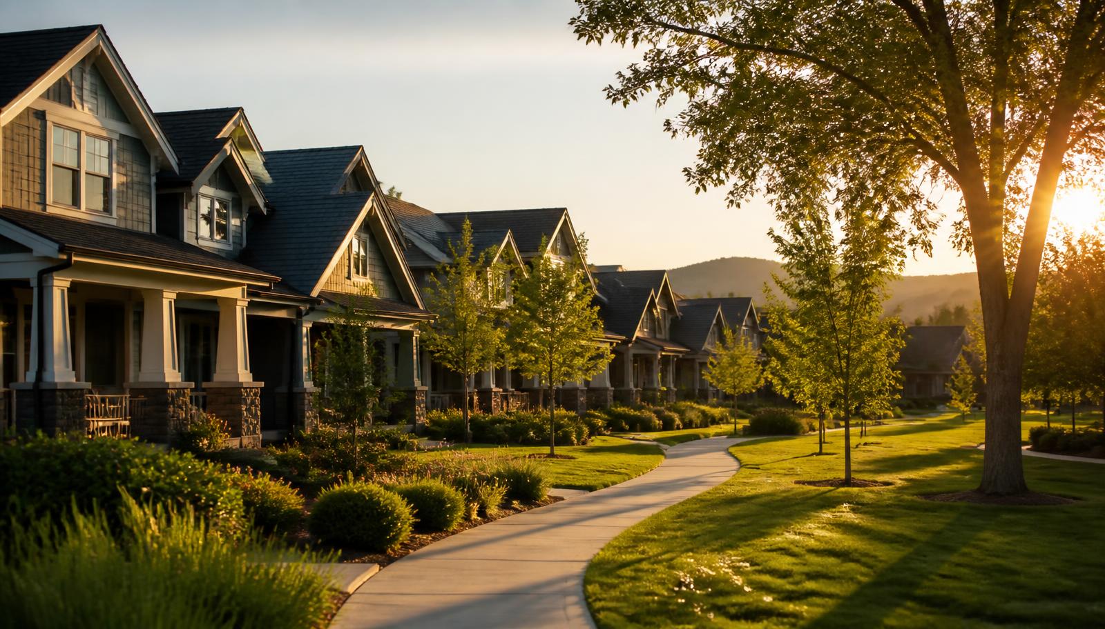 A row of well-maintained townhomes with matching landscaping and a shared community sign in an HOA neighborhood