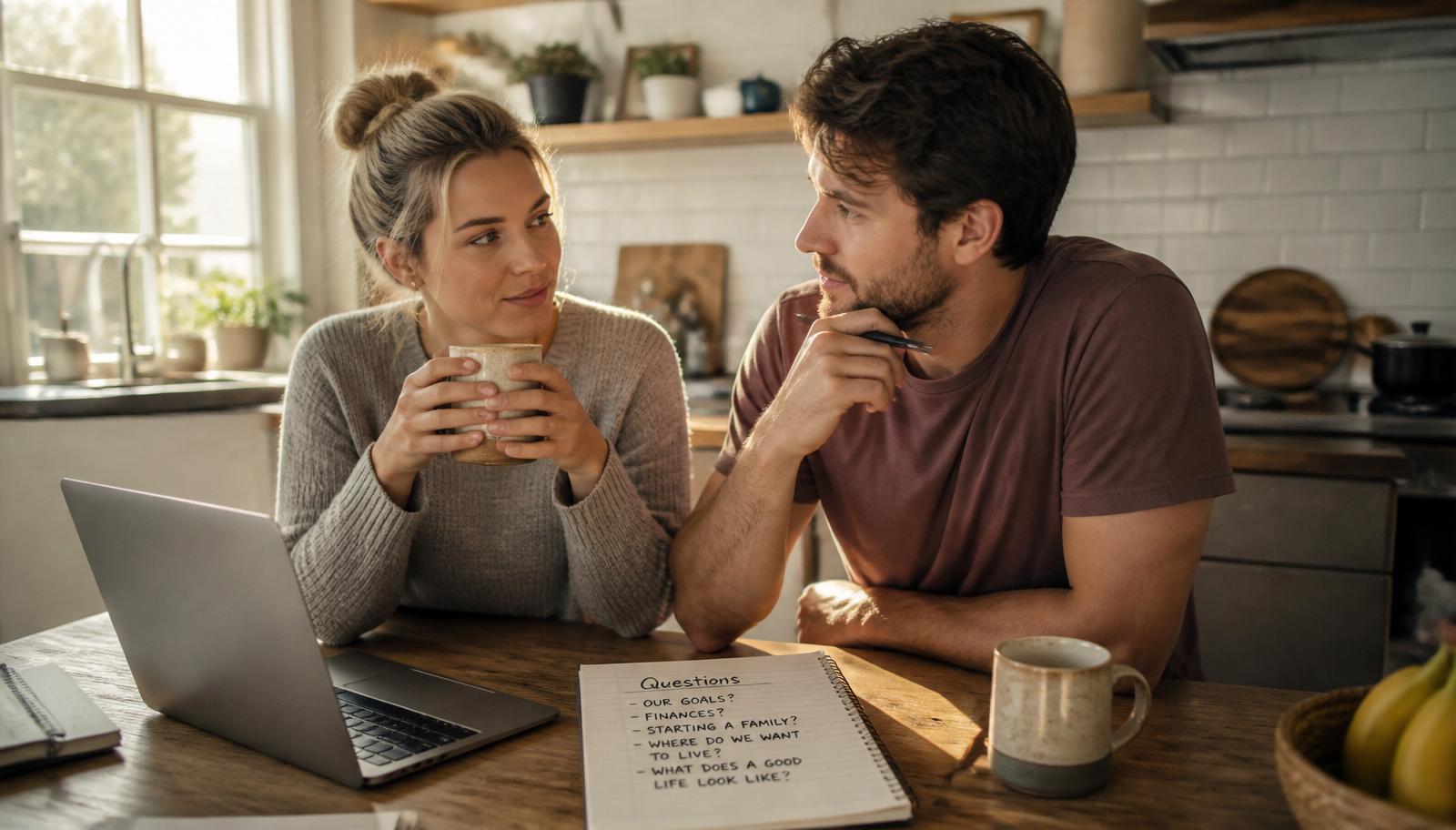A young couple at their kitchen table with coffee, a laptop, and a notebook of handwritten questions in warm morning light.