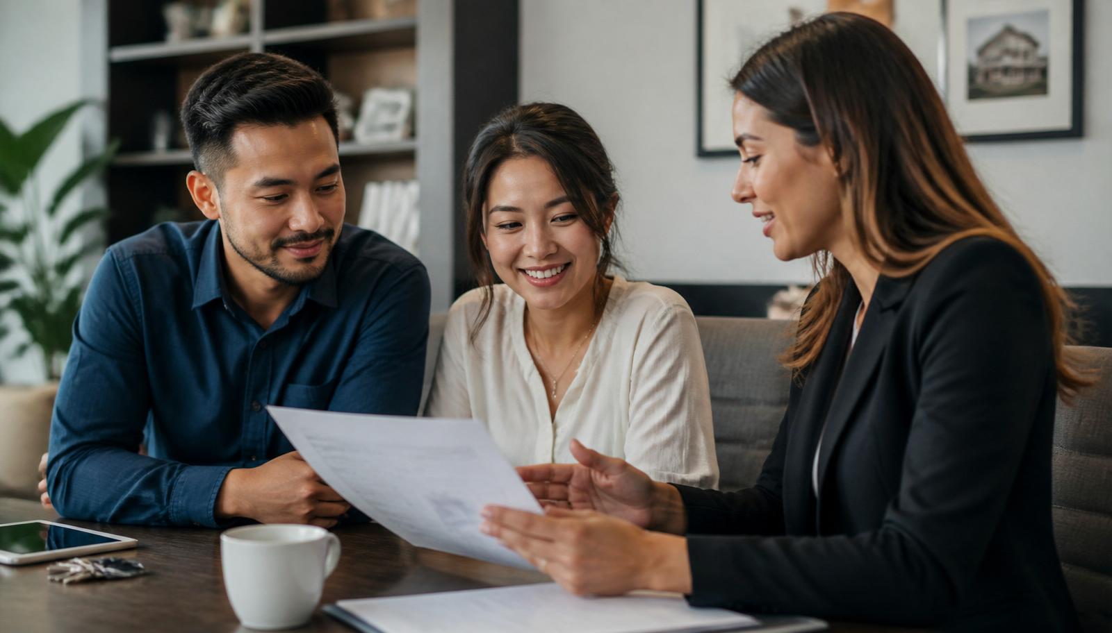 A Realtor patiently explaining a document to a young couple in a bright, modern office.