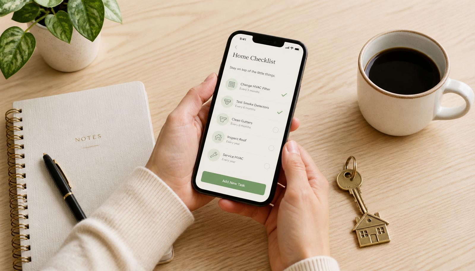 A person holding a phone displaying a simple home readiness checklist beside a notebook and house key.