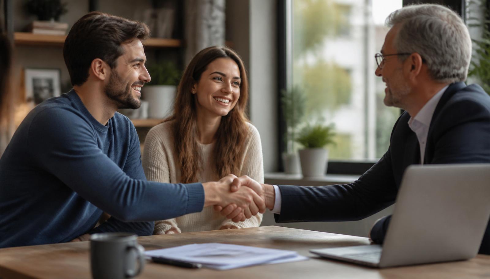 A loan officer shaking hands with a young couple across a wooden desk in a warm office.