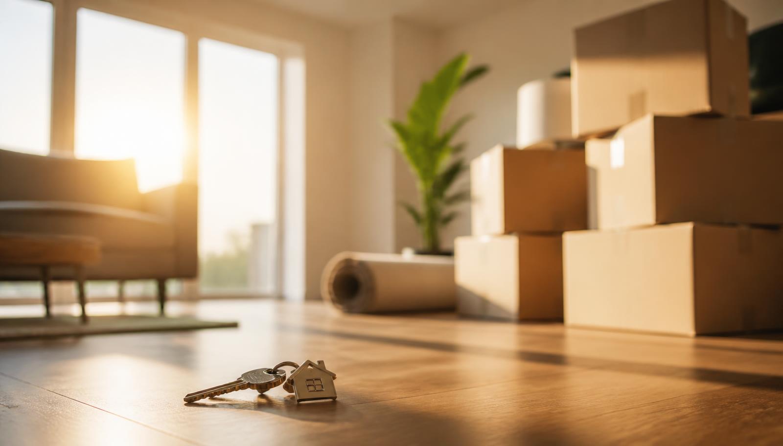 House keys resting on a hardwood floor beside unopened moving boxes in a sunlit room.